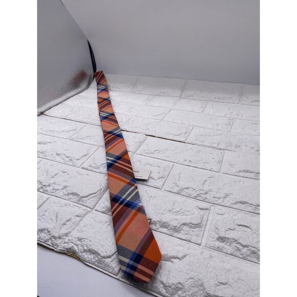 Skinny Tie Madness Mens Plaid Necktie Officer Orange Slim Fit Cotton Tie SKM2128 - Picture 9 of 12